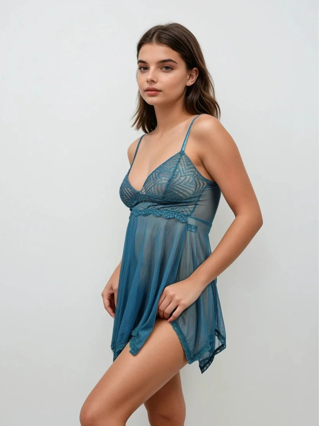 La Femme Blue Lace Babydoll Slip Dress With Panty